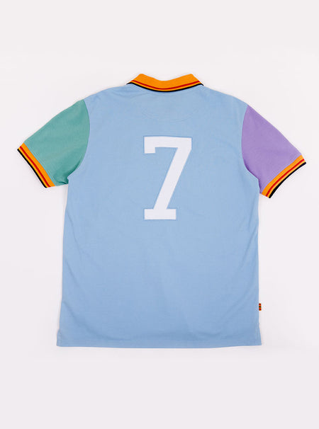 Flat lay of men's multicoloured polo shirt with newmarket 875 crest on the front and number 7 on the back, made of 100% cotton.